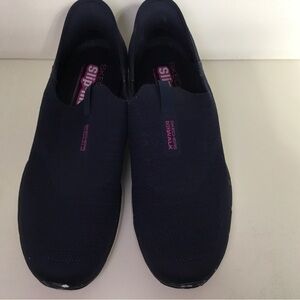 Skechers Slip-On Knit Walking Shoes - Navy with Pink Accents